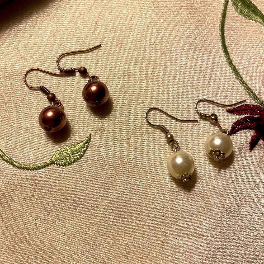 Detailed bronze & white beaded dangle earrings - 1 pr of each - Chicos